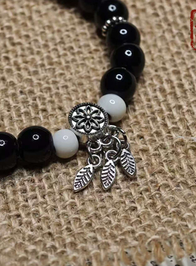 景德镇陶瓷手链 复古黑白瓷珠撞色国风羽毛吊坠女手链闺蜜礼物