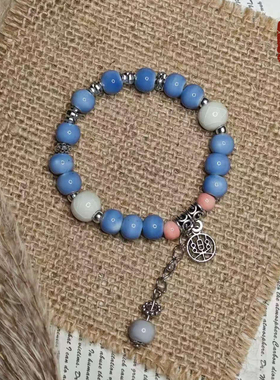 景德镇陶瓷手链 蓝白粉渐变陶瓷串珠复古吊坠温柔日常百搭饰品