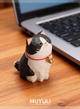 手工木雕奶牛猫摆件丨可爱猫咪办公室桌面工位稳定情绪装饰礼物