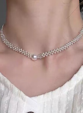choker碎银编织珍珠项链