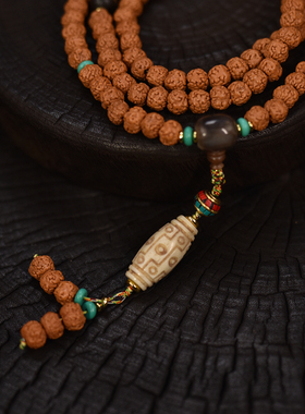 藏式金刚菩提搭配一线药师天珠牛骨雕刻女士项链毛衣链手链