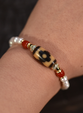 淡水珍珠搭配天珠女士可拉伸调节手链