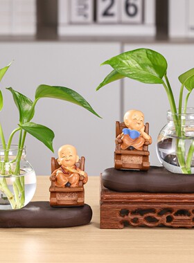 中式招財禅意小和尚秋千水培摆件