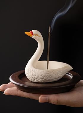 创意陶瓷天鹅茶桌香插香座摆件新