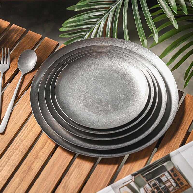 复古不锈钢餐盘甜品托盘点心圆盘浅盘牛排西餐餐盘户外零食高级感 - 图2