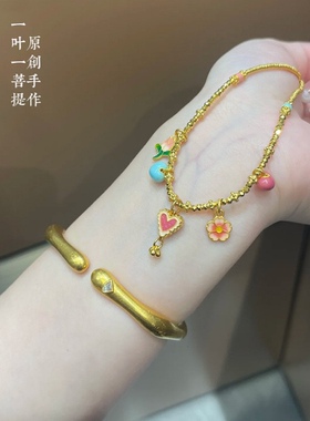 久不掉色越南沙金高温烧蓝粉色爱心郁金香花朵提溜蹦迪金圈女项链