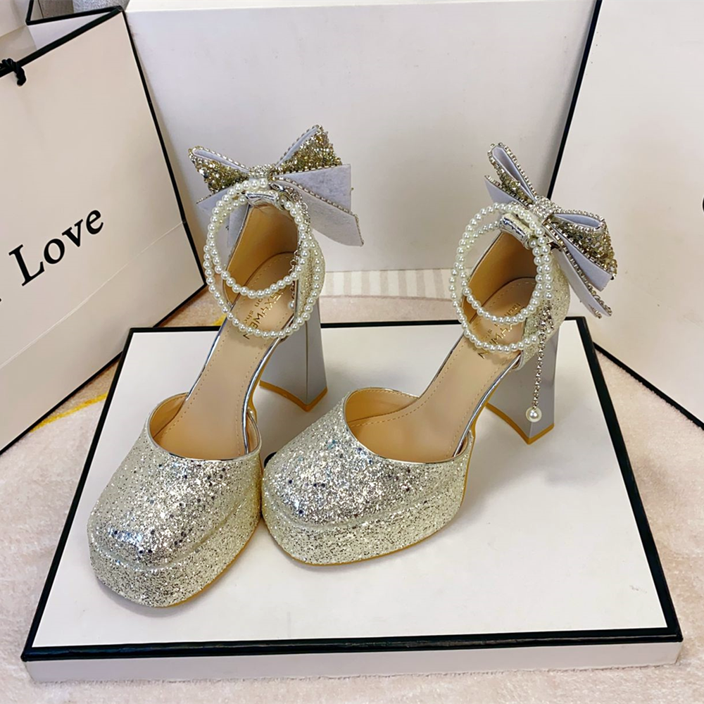 法式亮片珍珠玛丽珍鞋女粗跟高跟鞋防水台一字带新娘婚鞋闪亮单鞋,淘宝优惠券,粉丝福利购,淘宝优惠卷