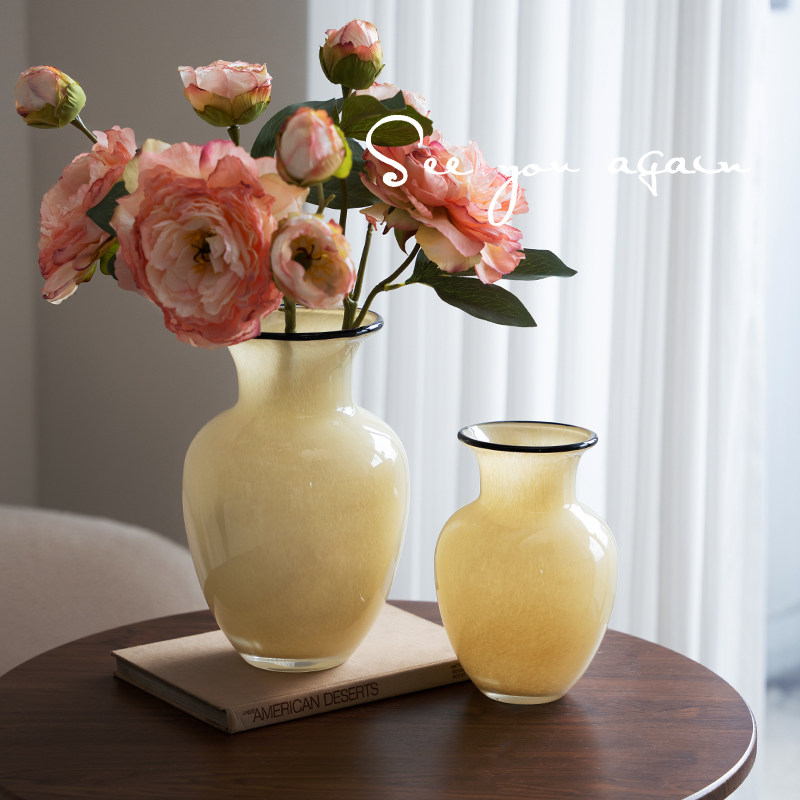 法式大肚玻璃花瓶轻奢高级感奶油色琉璃花器水培插花客厅创意摆件,淘宝优惠券,粉丝福利购,淘宝优惠卷