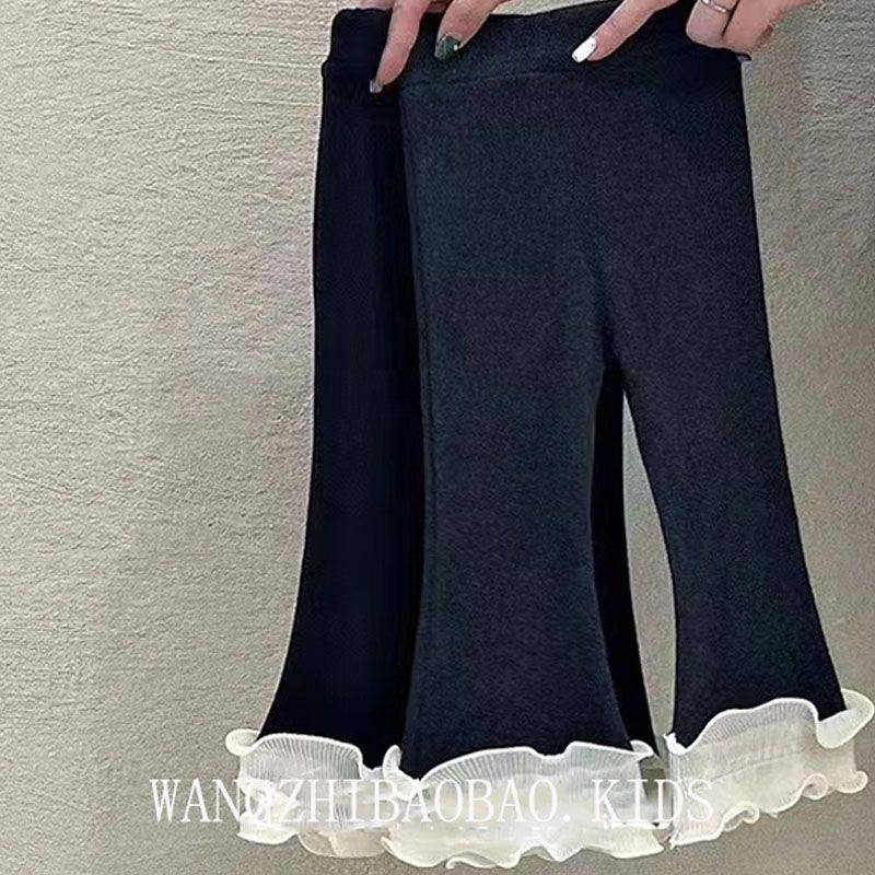 修身松紧腰春秋女童打底裤弹力黑色荷叶边拼接甜美可爱儿童裤子,淘宝优惠券,粉丝福利购,淘宝优惠卷