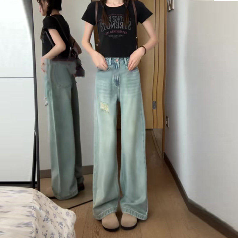 夏季破洞阔腿牛仔裤女夏高腰2026年新款小个子宽松显瘦垂感直筒裤,淘宝优惠券,粉丝福利购,淘宝优惠卷