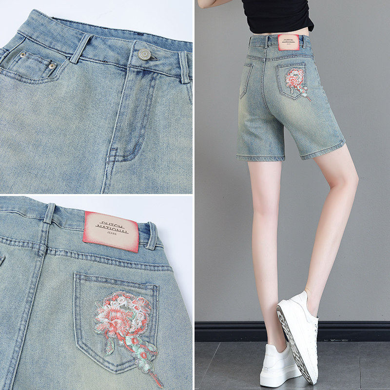 刺绣牛仔五分裤女夏季薄款2026新款爆款国风五分裤时尚高腰直筒短,淘宝优惠券,粉丝福利购,淘宝优惠卷