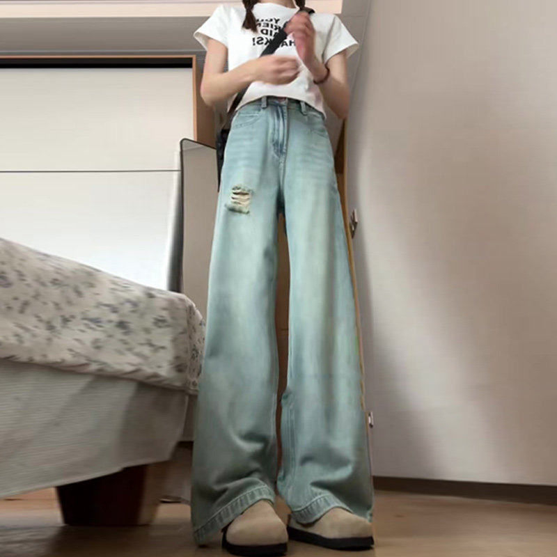 夏季破洞阔腿牛仔裤女夏高腰2026年新款小个子宽松显瘦垂感直筒裤,淘宝优惠券,粉丝福利购,淘宝优惠卷