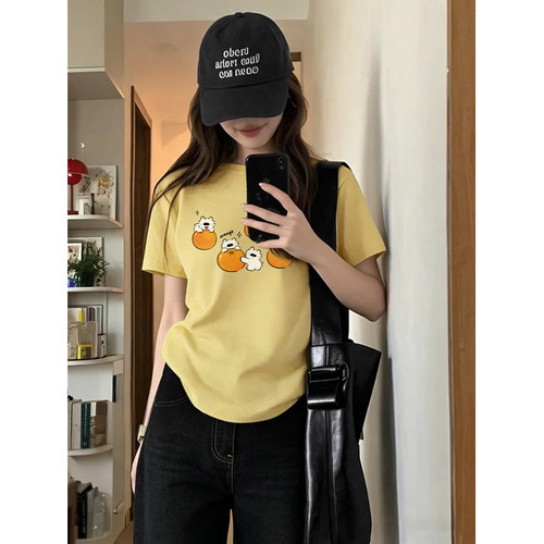 姜黄色大码正肩短袖t恤女2026夏季新款时尚百搭圆领洋气半袖上衣 - 图0