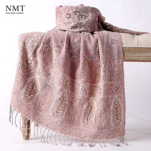 印度羊毛围巾女显白干枯玫瑰色披肩秋冬季刺绣钉珠办公室保暖披巾 - 图0