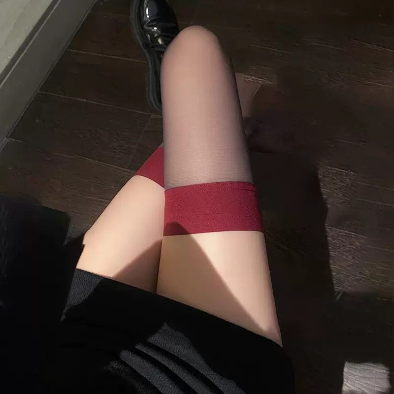 美式辣妹红边黑丝袜女性感过膝袜超薄款大腿长筒丝袜女高筒百搭,淘宝优惠券,粉丝福利购,淘宝优惠卷
