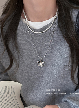韩国时尚叠戴银色花朵仿珍珠项链女长款可调节抽拉锁骨链颈链配饰