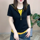 New summer fake two-piece short-sleeved navy collar spliced ​​fashionable pullover design solid color half-zipper casual top