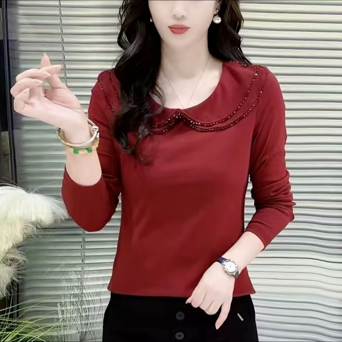秋季新款时尚洋气长袖显瘦减龄设计感娃娃领纯色百搭打底衫上衣女,淘宝优惠券,粉丝福利购,淘宝优惠卷