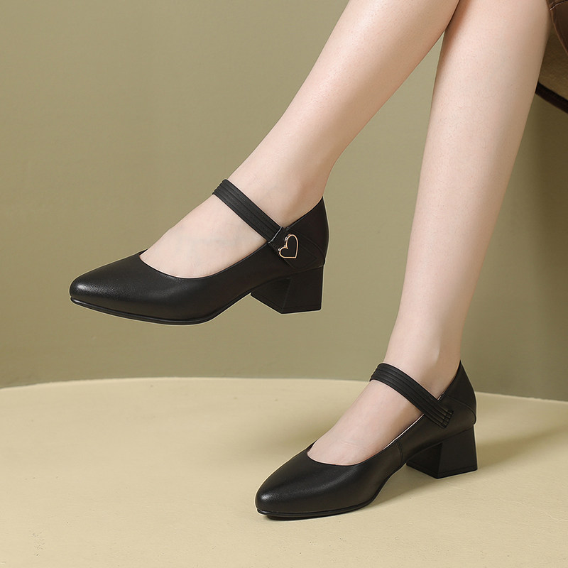 真皮尖头玛丽珍鞋女2025秋季新款时尚浅口单鞋女粗跟软底百搭皮鞋,淘宝优惠券,粉丝福利购,淘宝优惠卷