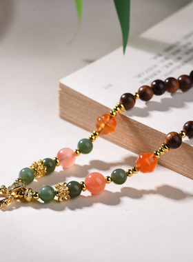 万能扣和田玉吊坠绳南红花梨木珠