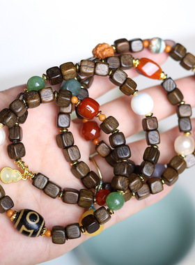 绿奇楠沉香蜜蜡天珠藏式手串手链