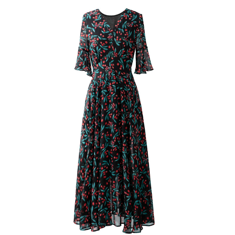 樱桃碎花雪纺女夏2020新款气质长裙 美妃雅连衣裙