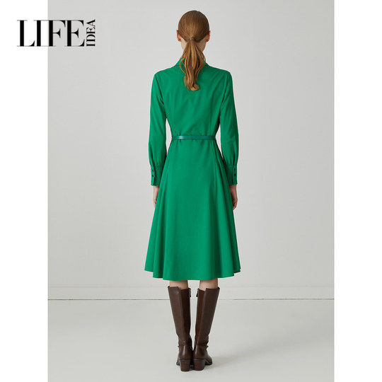 Live Adele green long-sleeved dress autumn and winter floating collar skirt shirt dress 1W4L94152