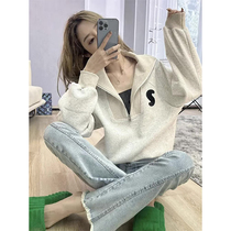 Autumn Winters new minimalist letter pattern relaxed Korean version half zipper turned collar without cap and round collar long sleeve wee womens wave