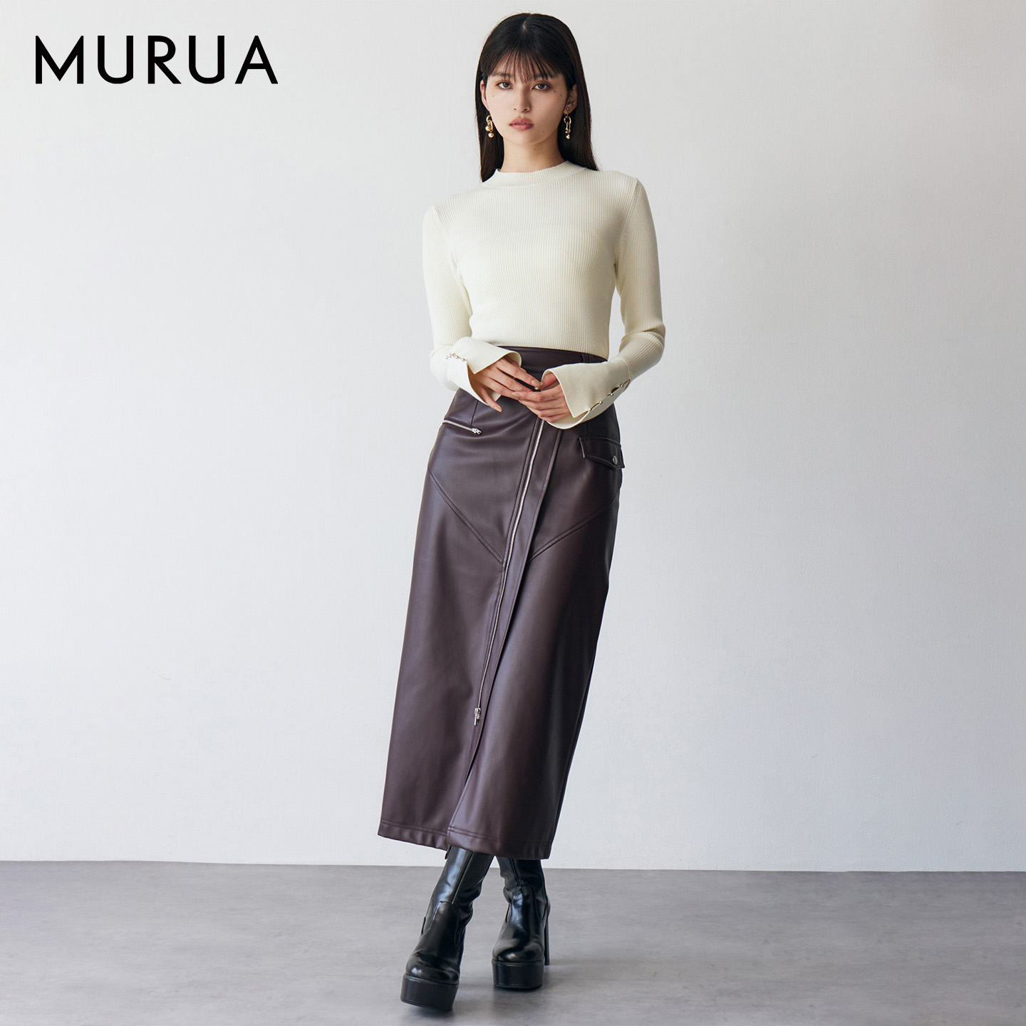 MURUA25秋季新品修身拼接袖口喇叭袖小高领毛针织衫女0125526060 - 图0