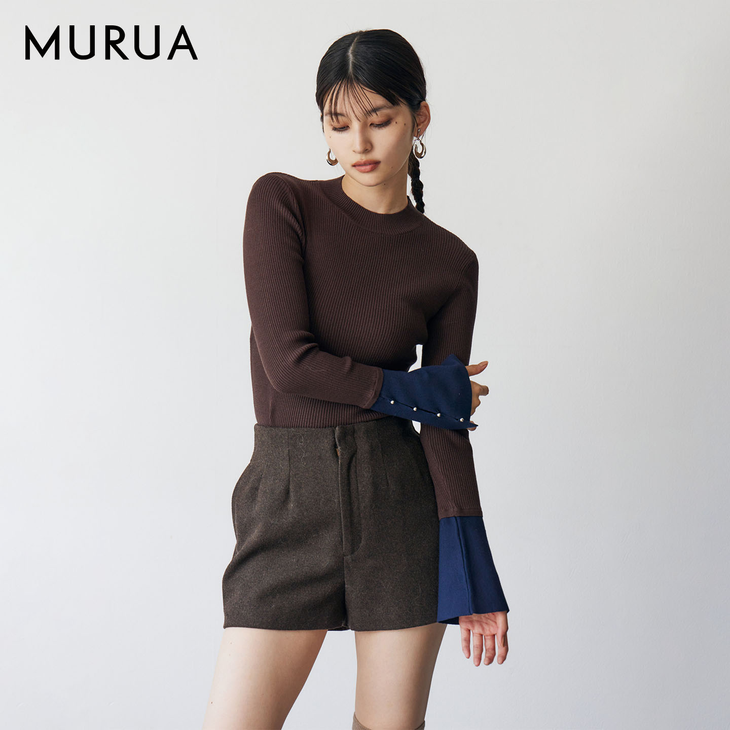 MURUA25秋季新品修身拼接袖口喇叭袖小高领毛针织衫女0125526060 - 图3