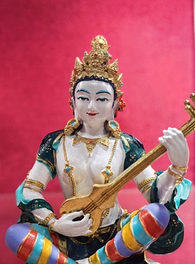 妙音佛母/妙音天女/央金玛/10cm彩绘紫铜佛像佛堂供奉摆件
