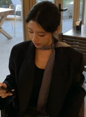 韩系简约黑白格子丝巾女高级感搭职业西装衬衫围巾长条项链系围脖