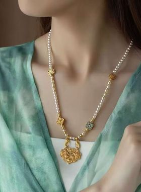 新中式古风平安如意锁通珍珠项链女新款国风锁骨链衣服挂件配饰品