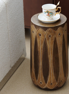 原木雕刻民族风花纹凳子边几摆件