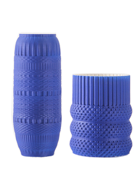 现代简约蓝色3D打印褶皱几何纹理创意陶瓷花瓶摆件样板间酒店装饰