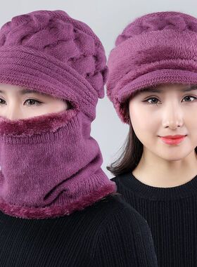 帽子女中老年人冬季毛线帽加厚加绒连体妈妈帽保暖秋冬针织帽