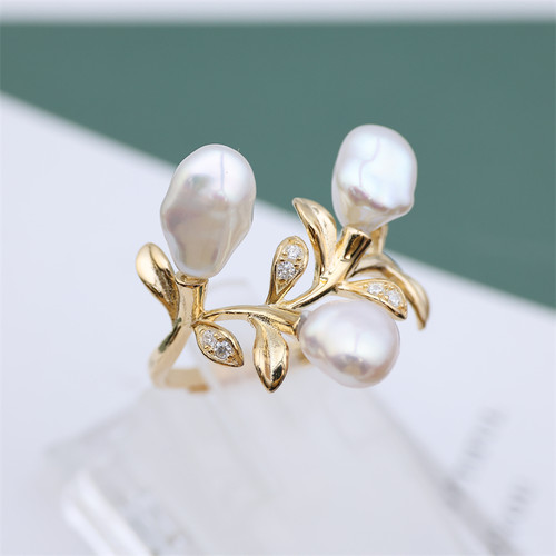 DIY配件 S925纯银时尚多珠树枝戒指空托 珍珠指环戒托指圈配5-7mm - 图1