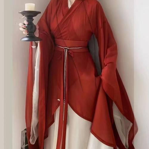 原创涅槃南北朝战国袍魏晋风交领大袖中国风汉服红色古装表演服女 - 图3