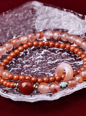 晶尧玛瑙手链 天然冰飘柿子红南红手串珠女双红碰撞跑环国风双圈