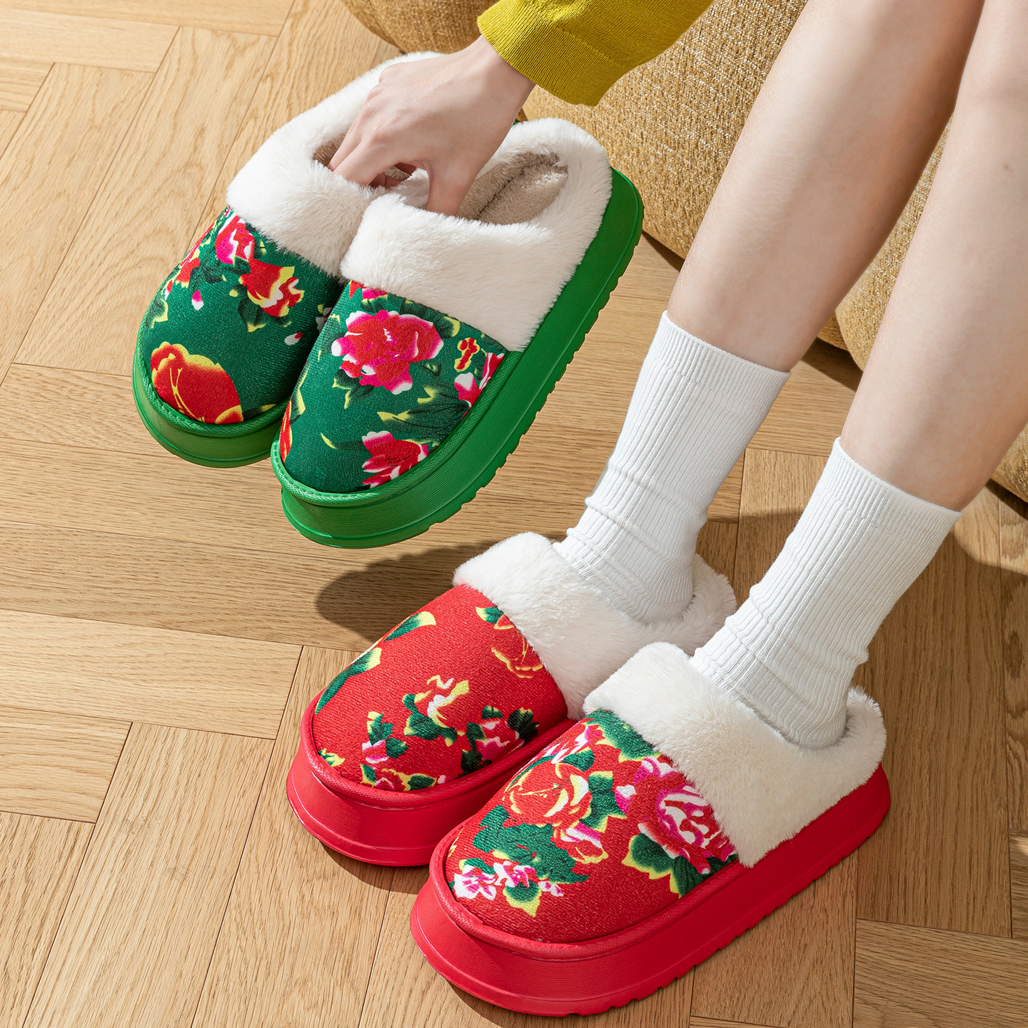 民族风棉拖鞋女款秋冬季情侣居家厚底防滑东北大花加绒保暖拖鞋男,淘宝优惠券,粉丝福利购,淘宝优惠卷