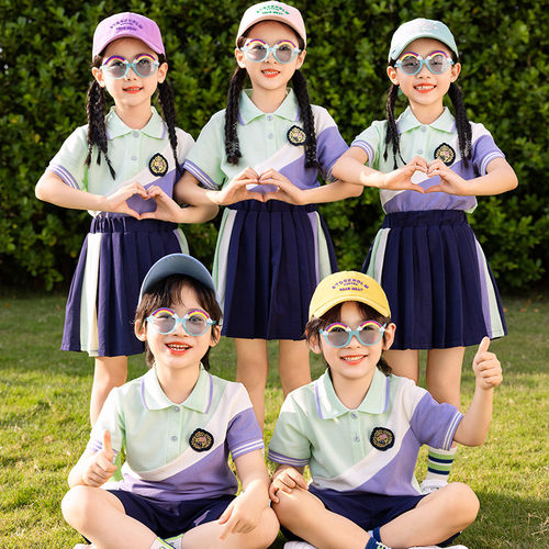 英伦学院风绿色校服套装小学生年级班服夏季新男女童幼儿园演出服-图0