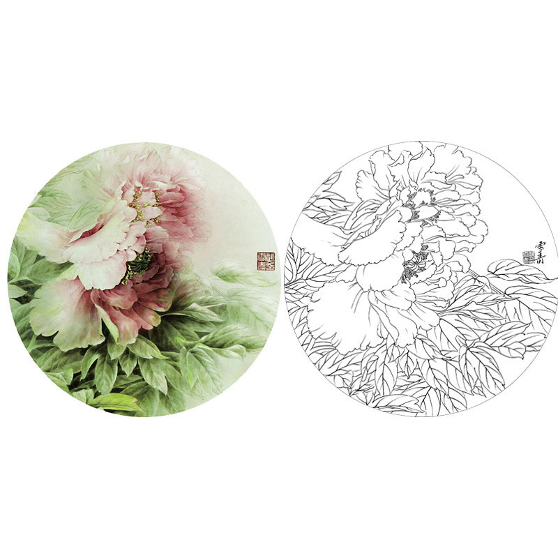 龚雪青线描工笔画白描底稿牡丹国画小品花鸟《妍姿》打印临摹画稿_虎窝淘