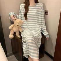 Sleepwear Lady Spring Autumn Season Striped Long Sleeves Thin of pure cotton Sleeping dress Long with big code Summer pregnant woman Home clothes can be worn outside