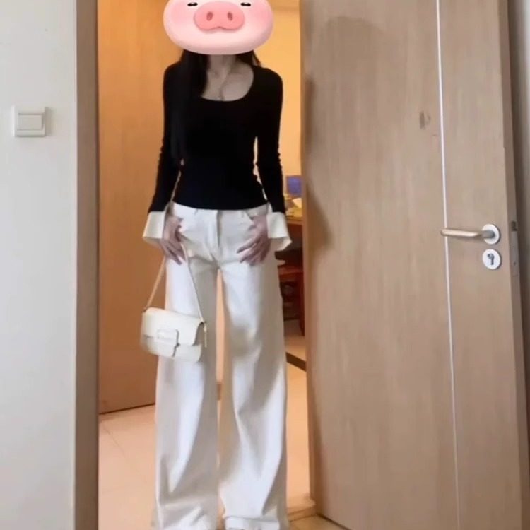 法式撞色针织U领长袖T恤女秋季新款紧身内搭打底衫开叉喇叭袖上衣,淘宝优惠券,粉丝福利购,淘宝优惠卷