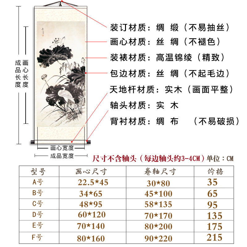 客厅竖版水墨荷花卷轴挂画书房一鹭连科壁画学校教室卷轴装饰画-图1