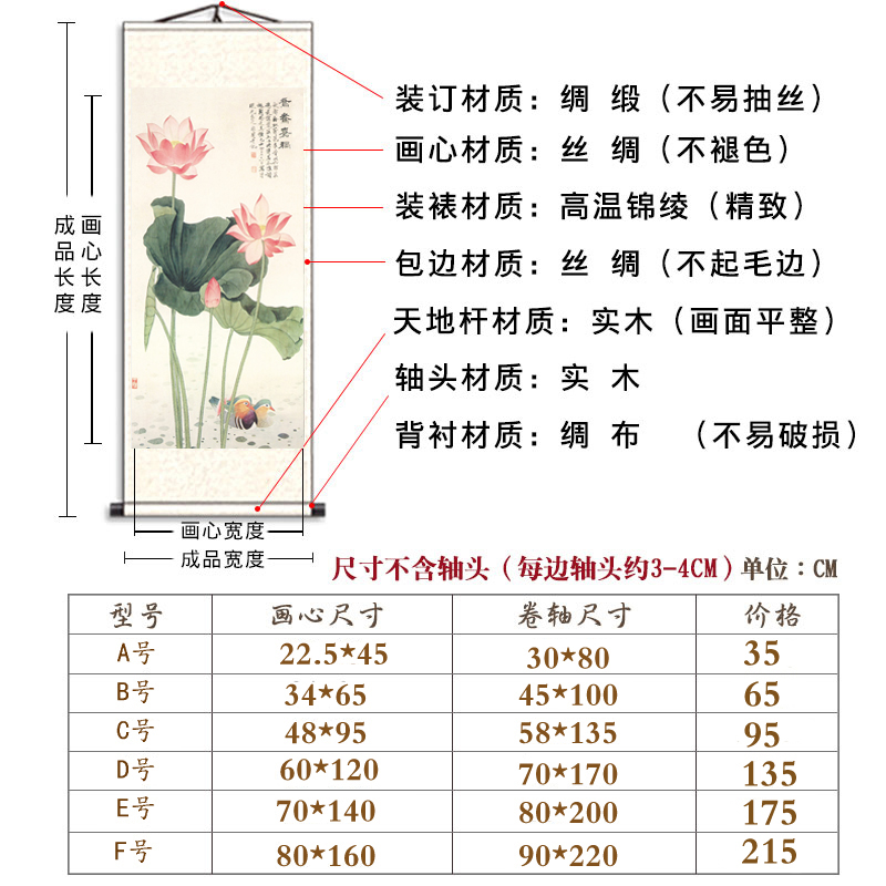 书房卧室荷花图鸳鸯戏水卷轴挂画客厅沙发背景墙竖版玄关装饰国画-图1