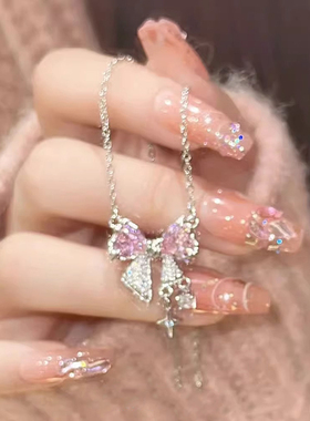 星芒蝴蝶甜美粉色锆石蝴蝶结爱心项链女高级感小众锁骨链