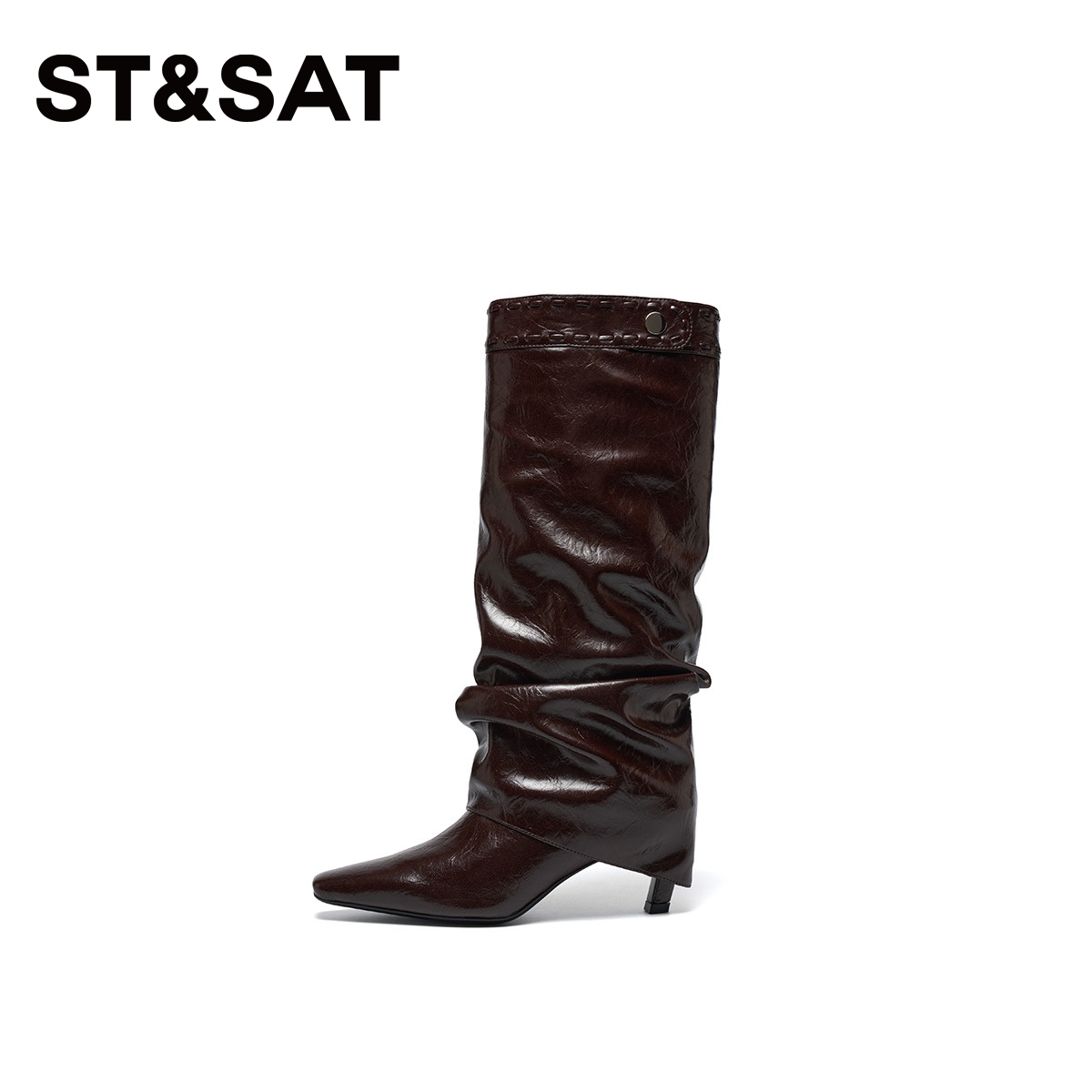 星期六西部牛仔靴2025冬季新款褶皱复古堆堆靴细跟长靴高筒骑士靴 - 图1