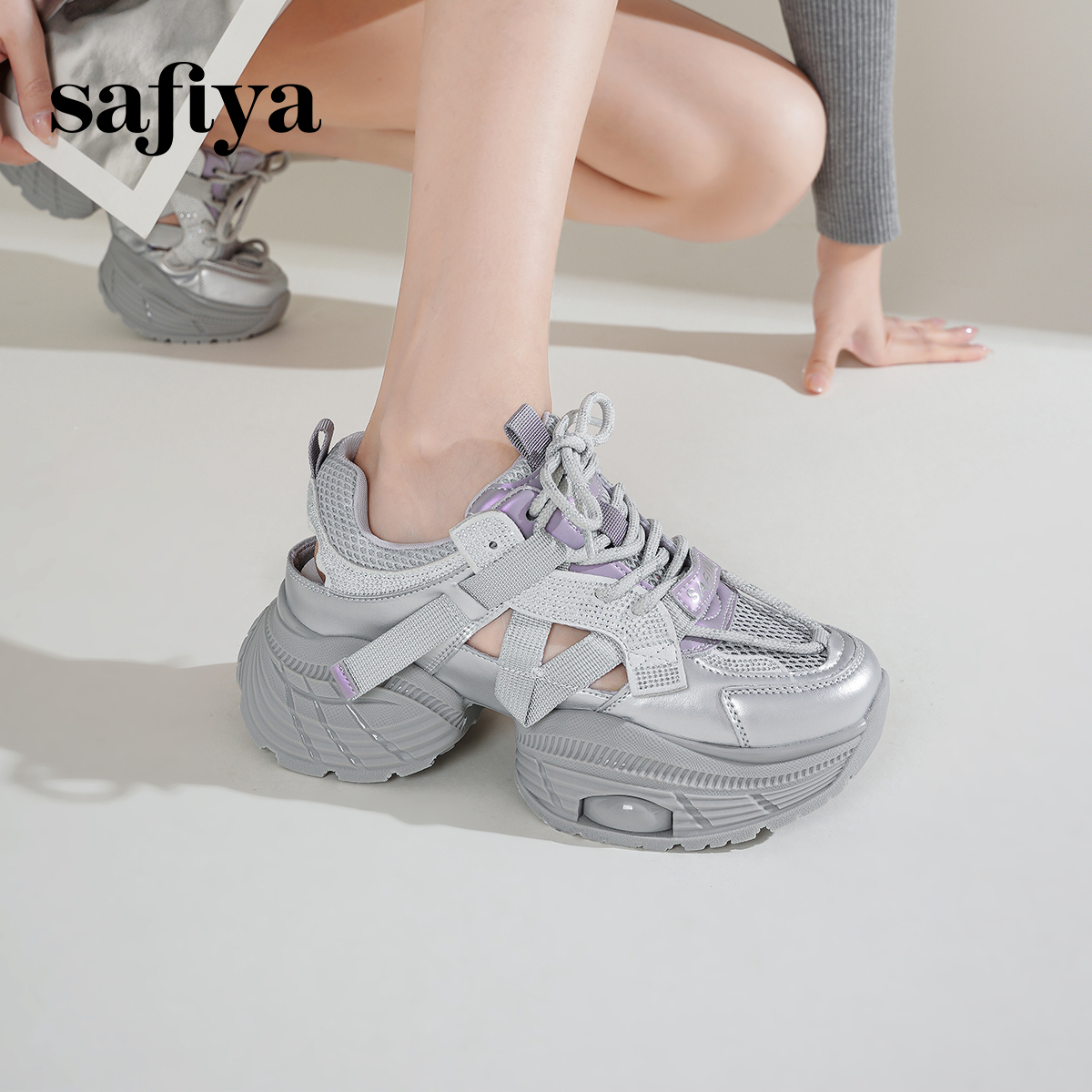 Safiya/索菲娅2025春潮流厚底网面镂空烫钻增高休闲运动老爹鞋女 - 图1