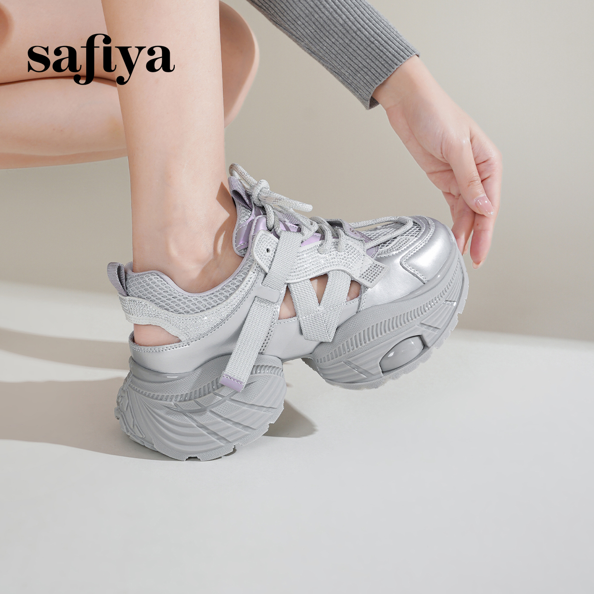 Safiya/索菲娅2025春潮流厚底网面镂空烫钻增高休闲运动老爹鞋女 - 图2